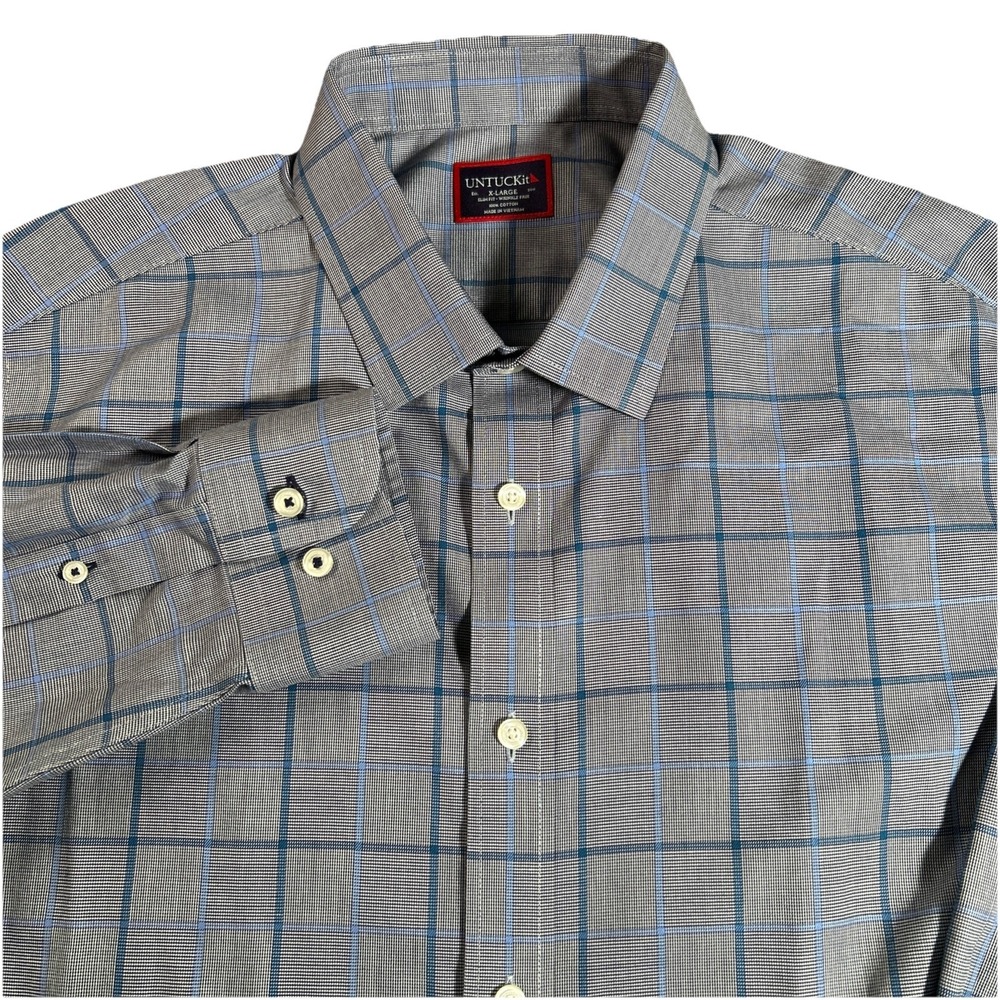 UNTUCKit Shirt Men's XL Gray & Blue Plaid Slim Fit Wrinkle Free L/S Button Down